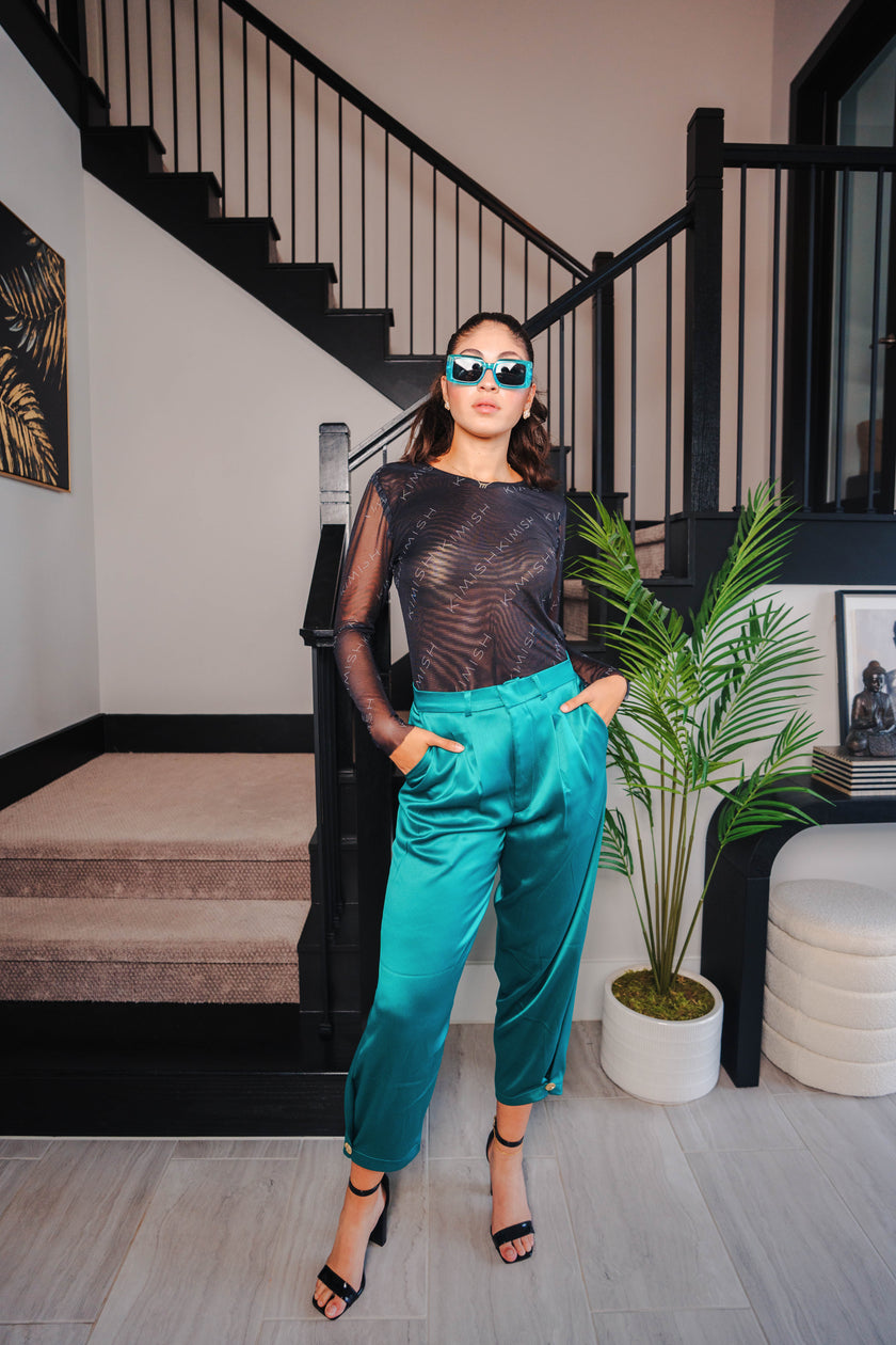 KRYSTIN Emerald Satin Pleated Pants