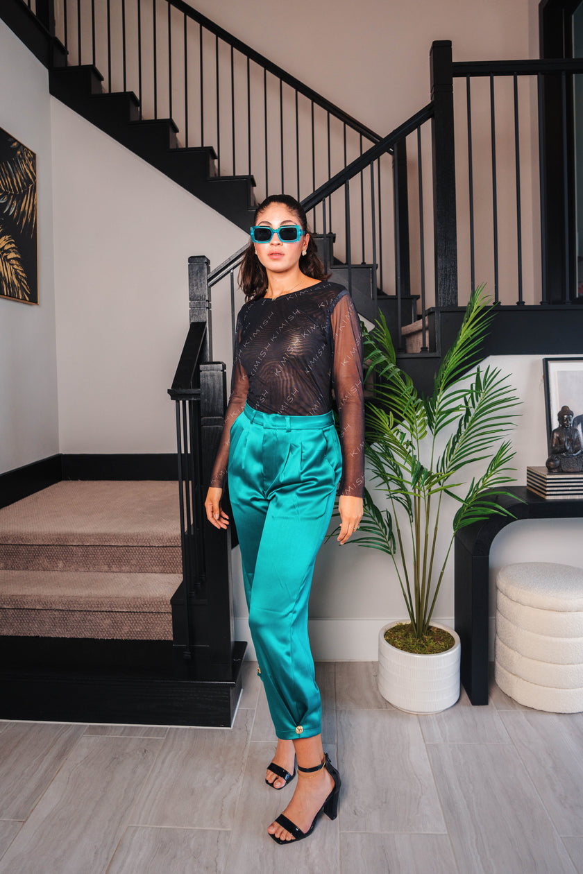 KRYSTIN Emerald Satin Pleated Pants